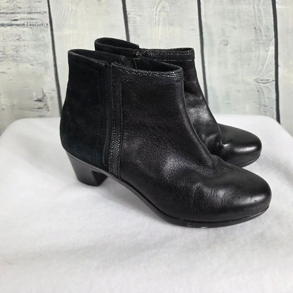 Aravon Lexee Binded Bootie Size 6.5 Black Leather Side Zip Fall Heel CG8755